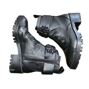 Karl Lagerfeld Paris Pippa Combat Boots 8 Black Crystal Rhinestone Straps